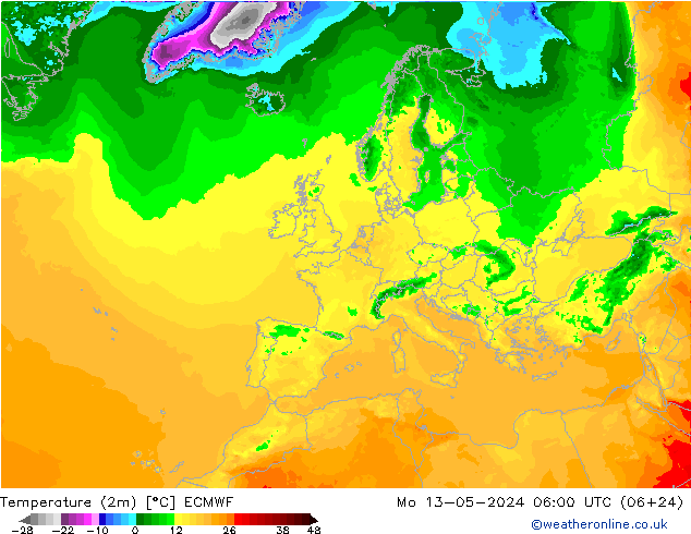 Temperature (2m) ECMWF Mo 13.05.2024 06 UTC