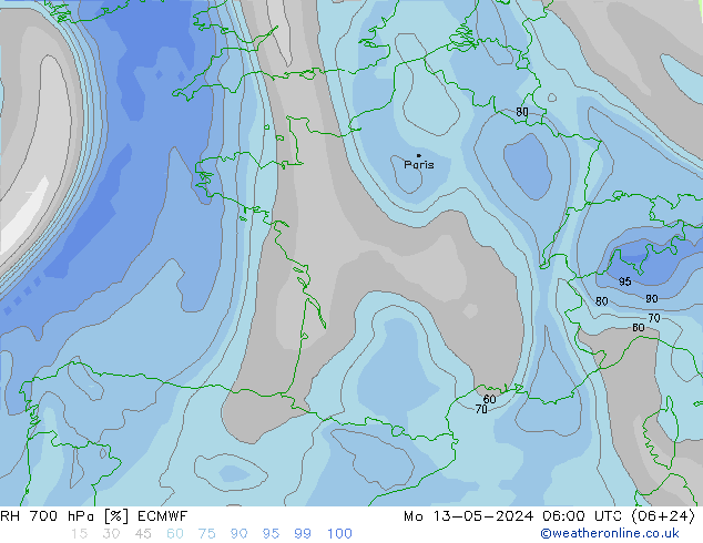 RH 700 гПа ECMWF пн 13.05.2024 06 UTC