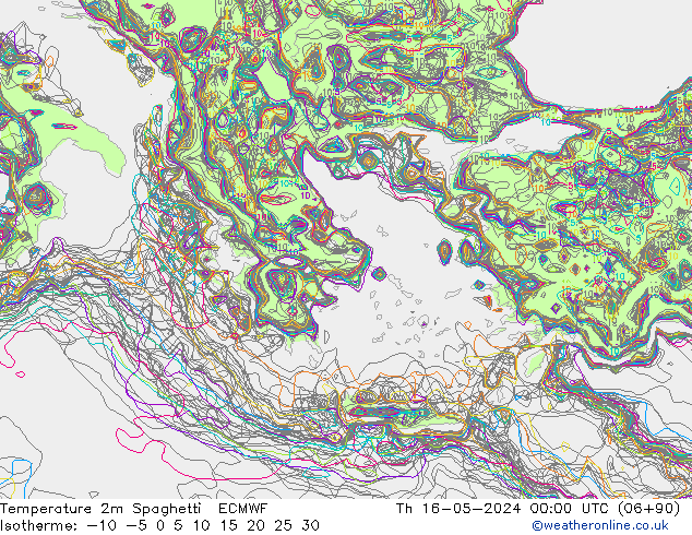 Temperature 2m Spaghetti ECMWF Čt 16.05.2024 00 UTC