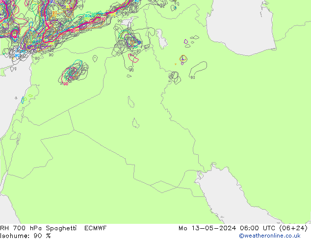 RH 700 hPa Spaghetti ECMWF Mo 13.05.2024 06 UTC