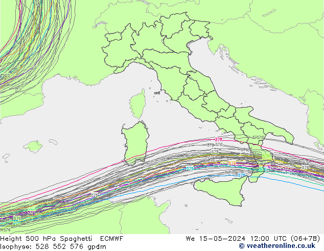 Hoogte 500 hPa Spaghetti ECMWF wo 15.05.2024 12 UTC