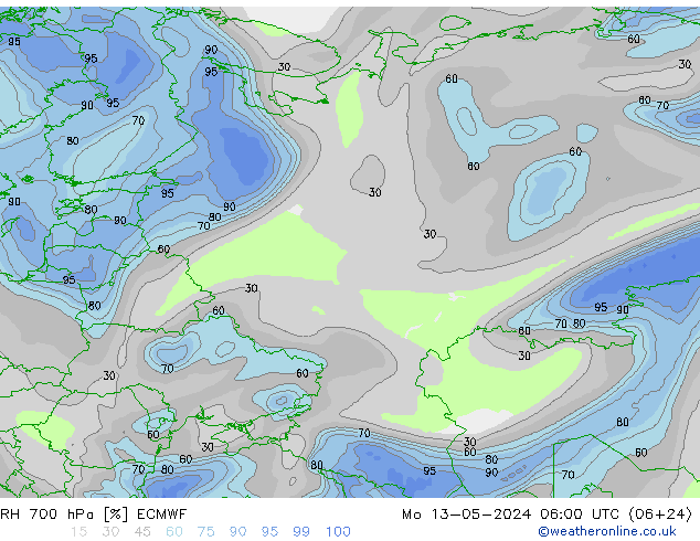 RH 700 hPa ECMWF Mo 13.05.2024 06 UTC