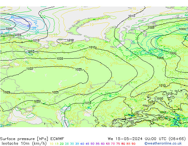 Isotaca (kph) ECMWF mié 15.05.2024 00 UTC