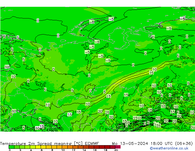 Temperatura 2m Spread ECMWF lun 13.05.2024 18 UTC