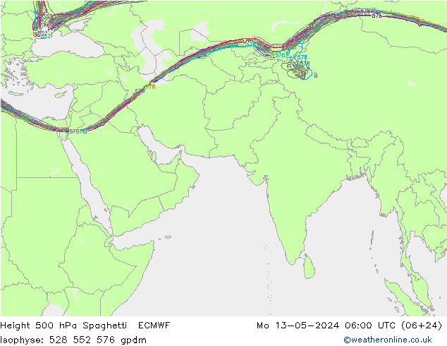 Height 500 гПа Spaghetti ECMWF пн 13.05.2024 06 UTC