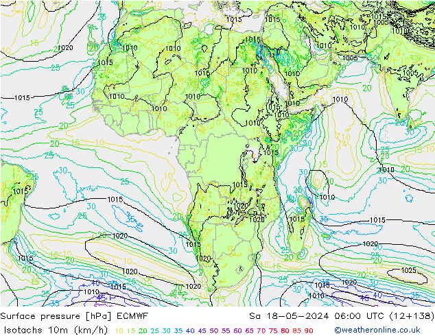 Isotachen (km/h) ECMWF za 18.05.2024 06 UTC