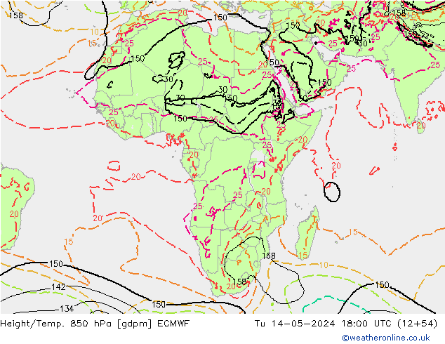 Géop./Temp. 850 hPa ECMWF mar 14.05.2024 18 UTC
