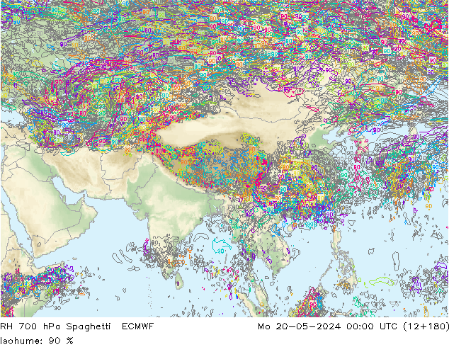 RH 700 hPa Spaghetti ECMWF pon. 20.05.2024 00 UTC