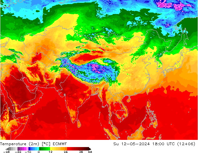 Temperatuurkaart (2m) ECMWF zo 12.05.2024 18 UTC