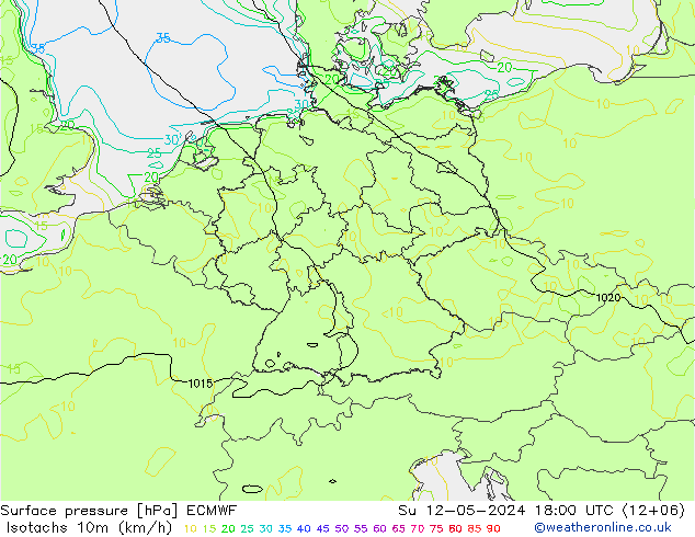 10米等风速线 (kph) ECMWF 星期日 12.05.2024 18 UTC