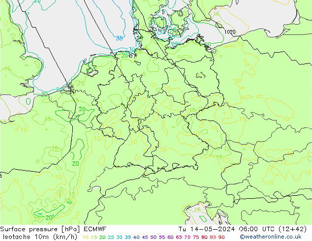 Isotachen (km/h) ECMWF di 14.05.2024 06 UTC