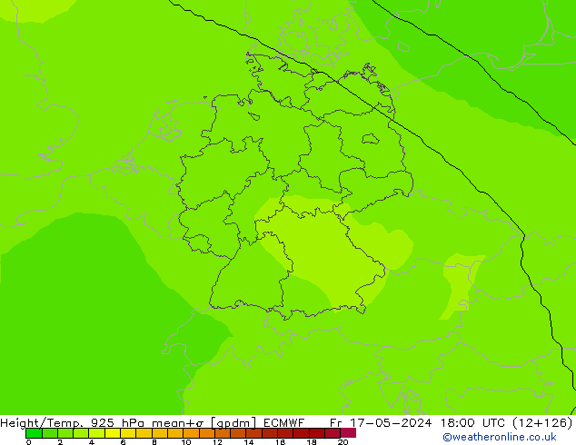 Height/Temp. 925 hPa ECMWF Pá 17.05.2024 18 UTC