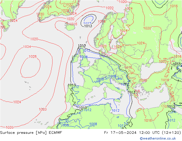 Atmosférický tlak ECMWF Pá 17.05.2024 12 UTC