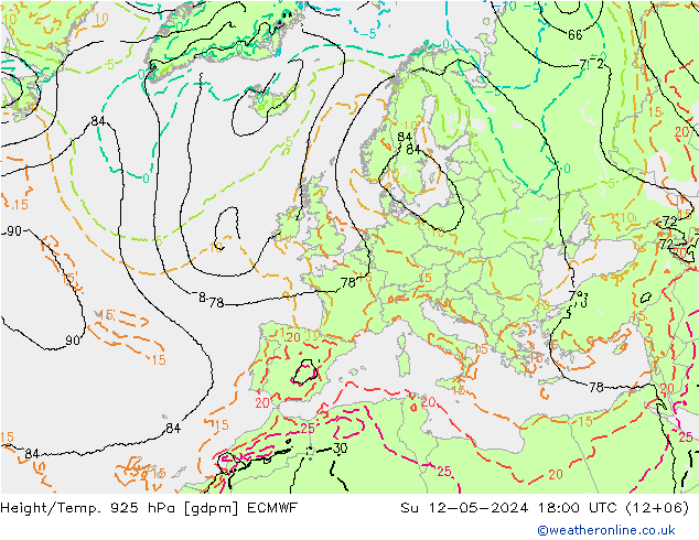 Height/Temp. 925 hPa ECMWF  12.05.2024 18 UTC