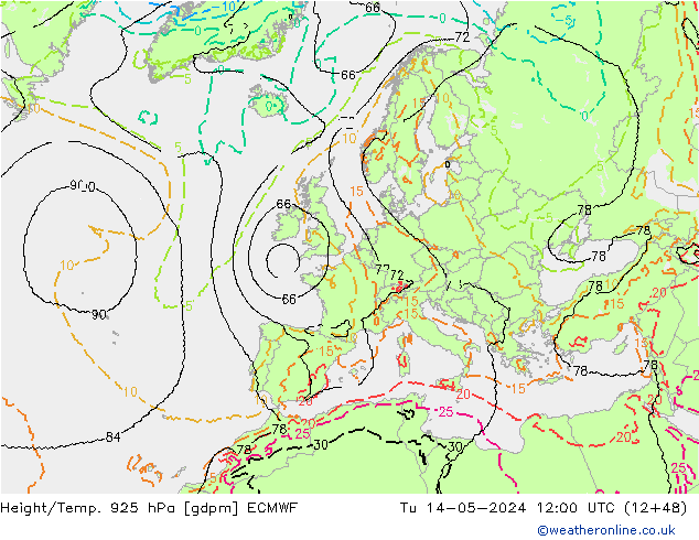 Height/Temp. 925 hPa ECMWF mar 14.05.2024 12 UTC