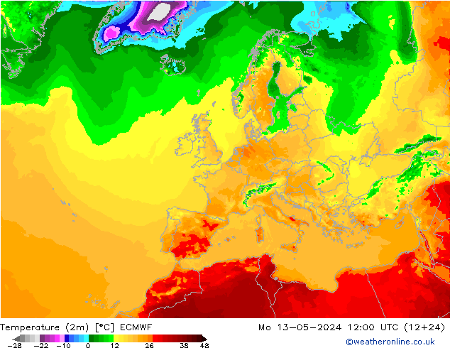 Temperatuurkaart (2m) ECMWF ma 13.05.2024 12 UTC