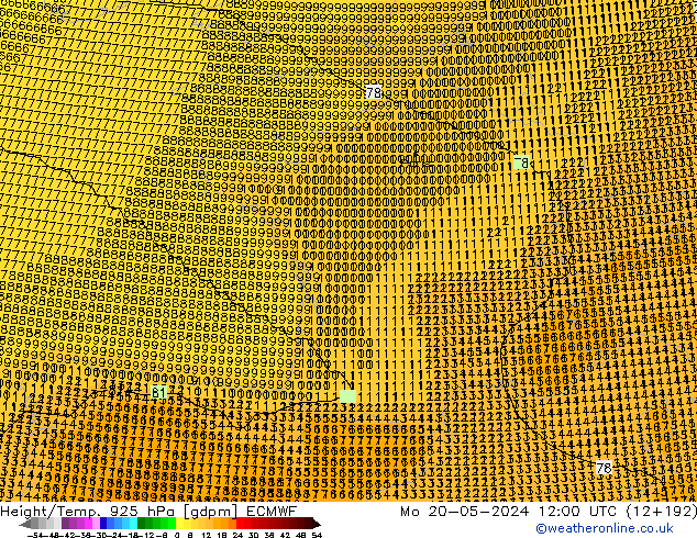 Height/Temp. 925 hPa ECMWF pon. 20.05.2024 12 UTC