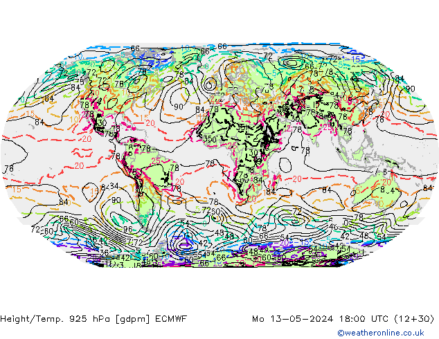 Height/Temp. 925 hPa ECMWF pon. 13.05.2024 18 UTC