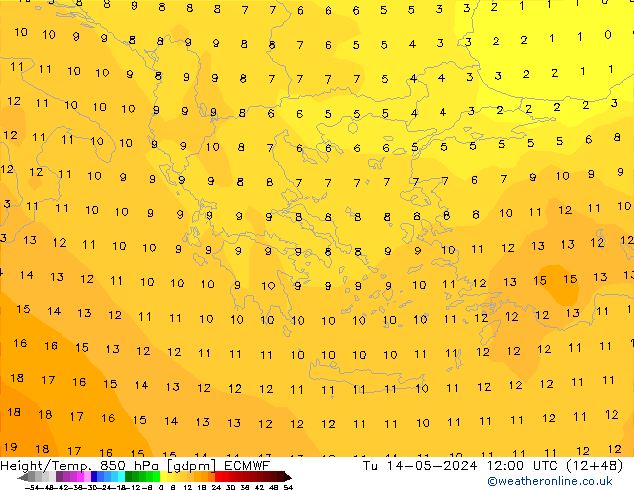 Geop./Temp. 850 hPa ECMWF mar 14.05.2024 12 UTC