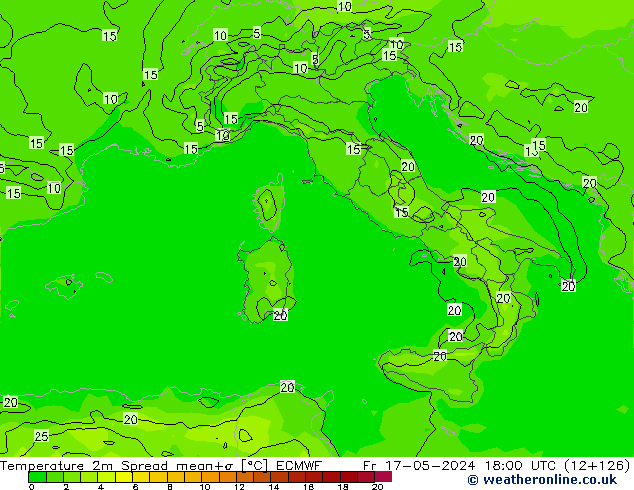 Temperatuurkaart Spread ECMWF vr 17.05.2024 18 UTC