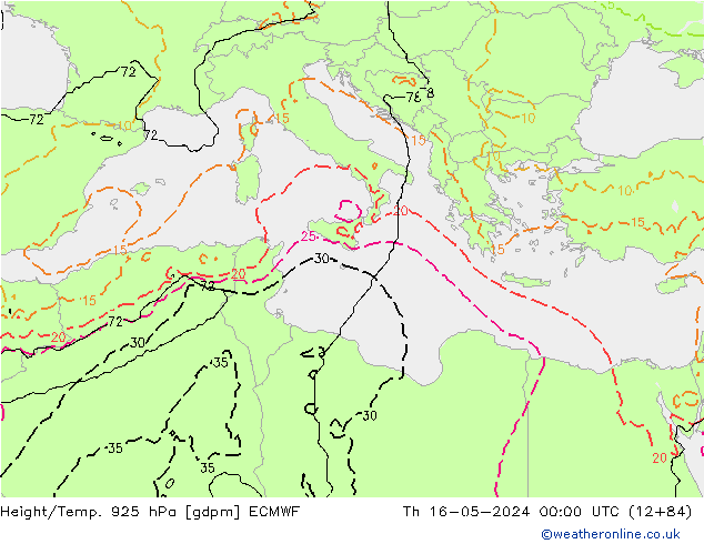Yükseklik/Sıc. 925 hPa ECMWF Per 16.05.2024 00 UTC