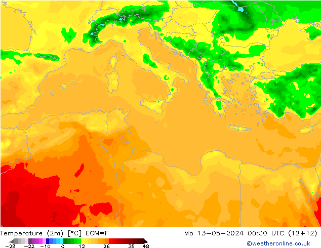 Temperatuurkaart (2m) ECMWF ma 13.05.2024 00 UTC