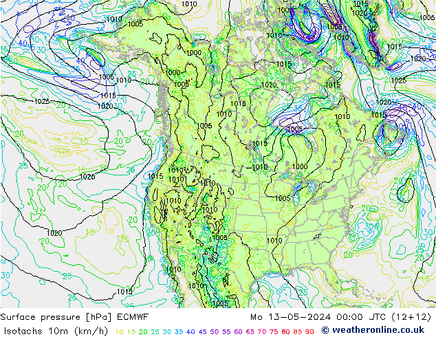 Isotachen (km/h) ECMWF Mo 13.05.2024 00 UTC