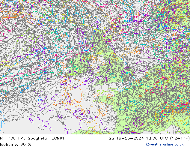 RH 700 hPa Spaghetti ECMWF Su 19.05.2024 18 UTC