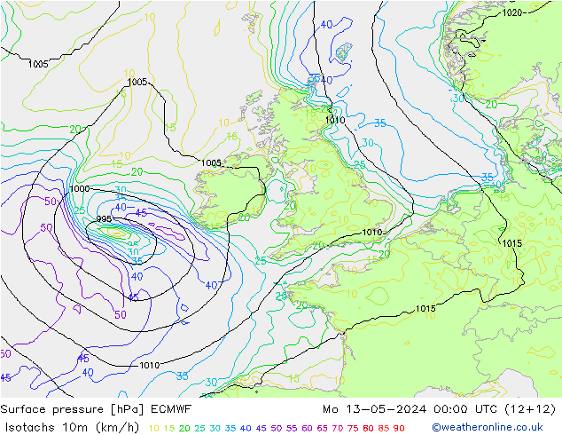 Isotachs (kph) ECMWF lun 13.05.2024 00 UTC