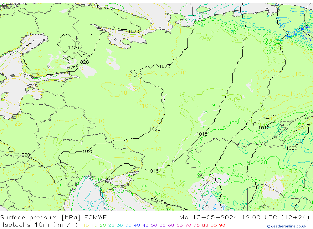 Isotachen (km/h) ECMWF ma 13.05.2024 12 UTC