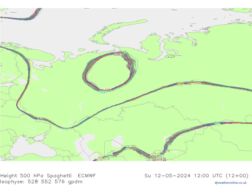 Height 500 hPa Spaghetti ECMWF dom 12.05.2024 12 UTC