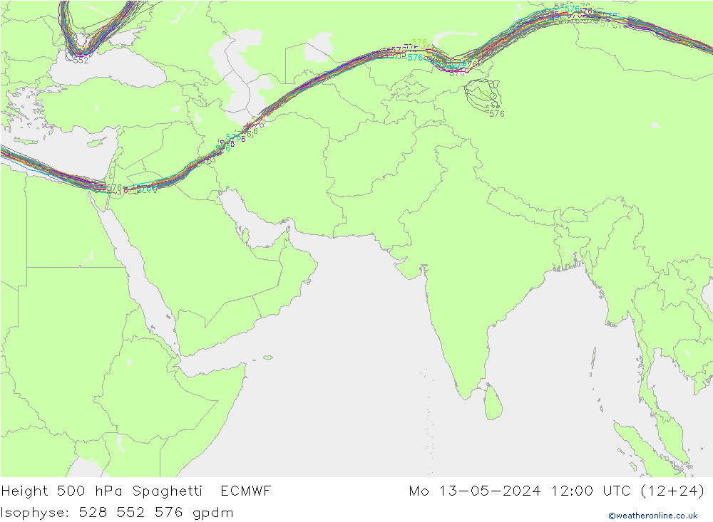 Height 500 hPa Spaghetti ECMWF pon. 13.05.2024 12 UTC