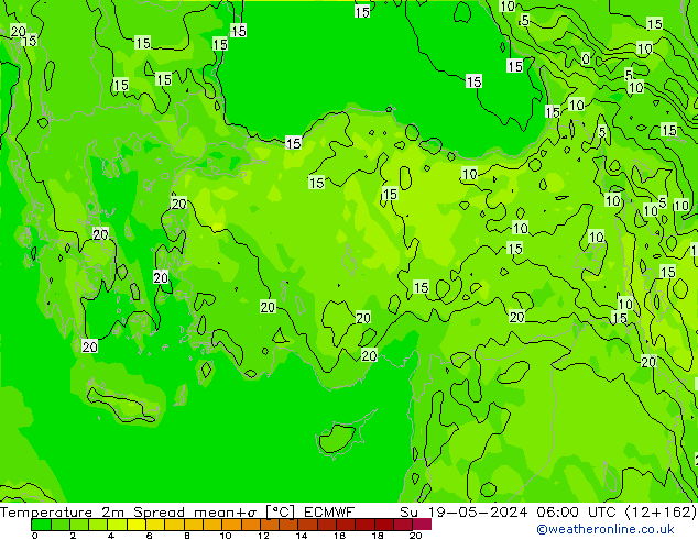 Temperature 2m Spread ECMWF Su 19.05.2024 06 UTC
