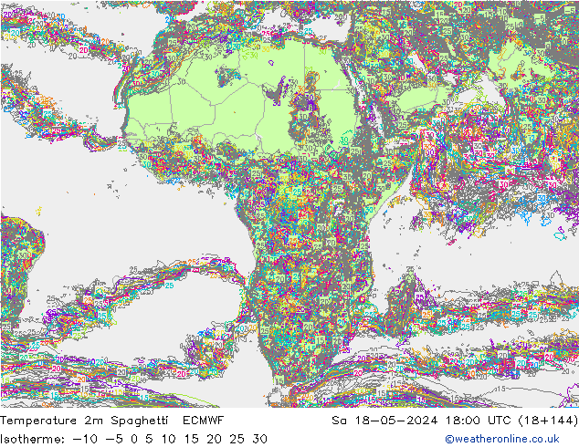 Temperature 2m Spaghetti ECMWF Sa 18.05.2024 18 UTC