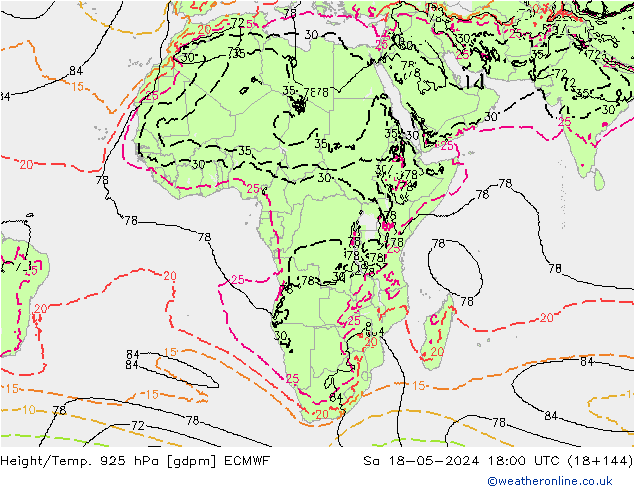 Hoogte/Temp. 925 hPa ECMWF za 18.05.2024 18 UTC