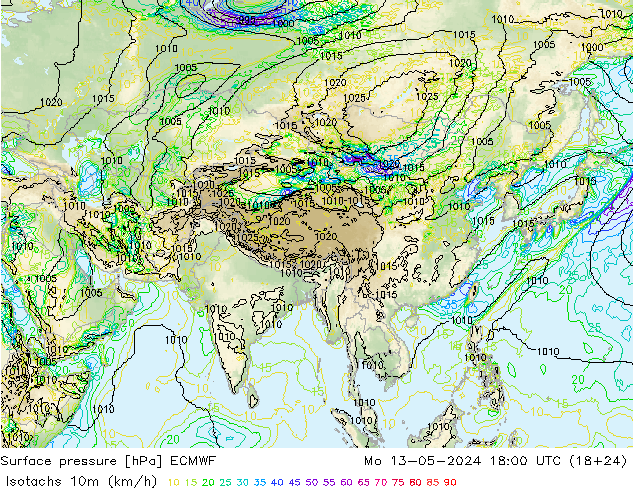 Isotachs (kph) ECMWF Mo 13.05.2024 18 UTC