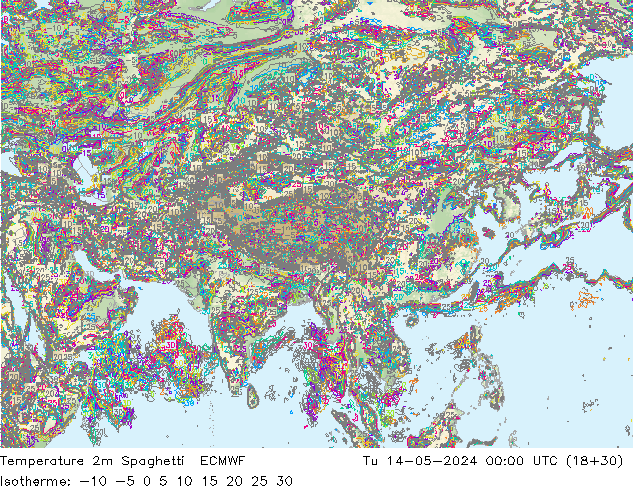 Temperature 2m Spaghetti ECMWF Út 14.05.2024 00 UTC