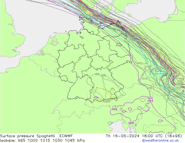 Presión superficial Spaghetti ECMWF jue 16.05.2024 18 UTC