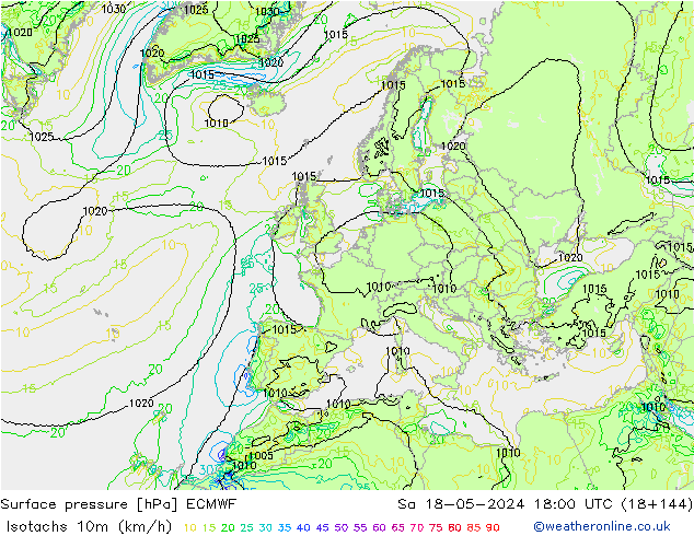 Isotachs (kph) ECMWF sab 18.05.2024 18 UTC