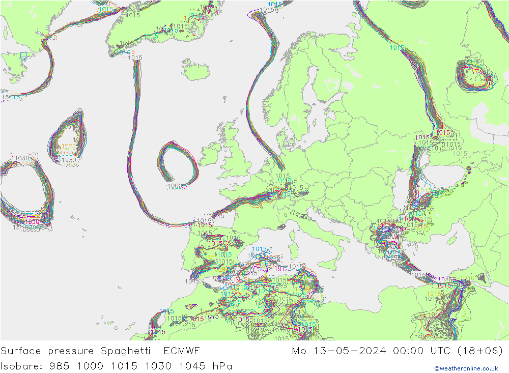 Bodendruck Spaghetti ECMWF Mo 13.05.2024 00 UTC