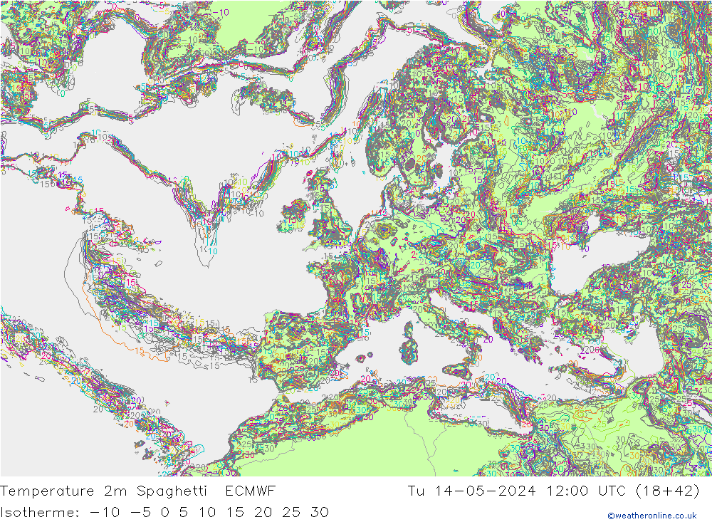 Temperature 2m Spaghetti ECMWF Tu 14.05.2024 12 UTC