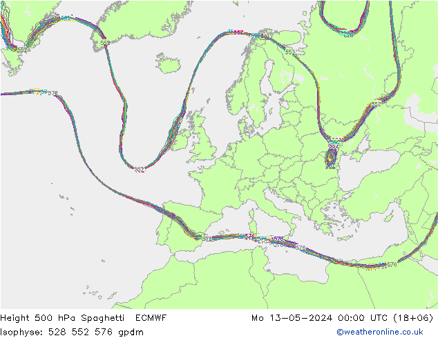 Height 500 hPa Spaghetti ECMWF Mo 13.05.2024 00 UTC