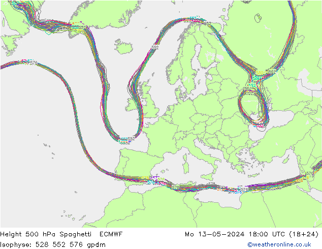 Height 500 hPa Spaghetti ECMWF Mo 13.05.2024 18 UTC