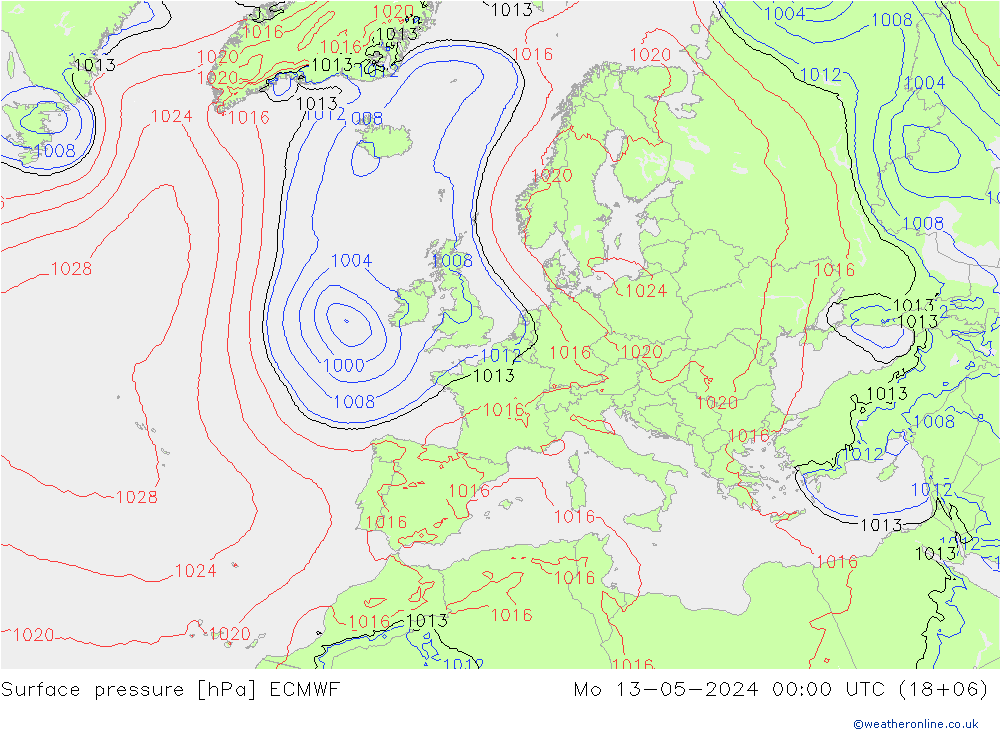 Presión superficial ECMWF lun 13.05.2024 00 UTC