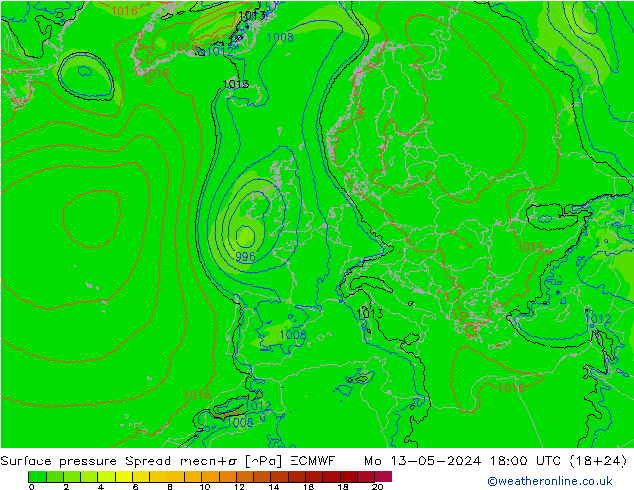 Surface pressure Spread ECMWF Mo 13.05.2024 18 UTC