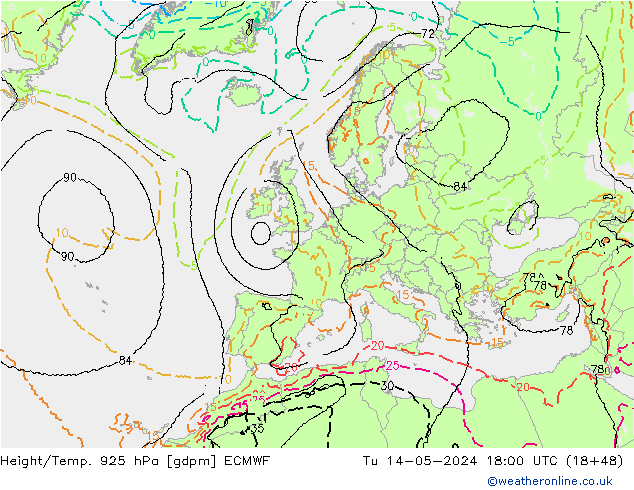 Height/Temp. 925 hPa ECMWF mar 14.05.2024 18 UTC