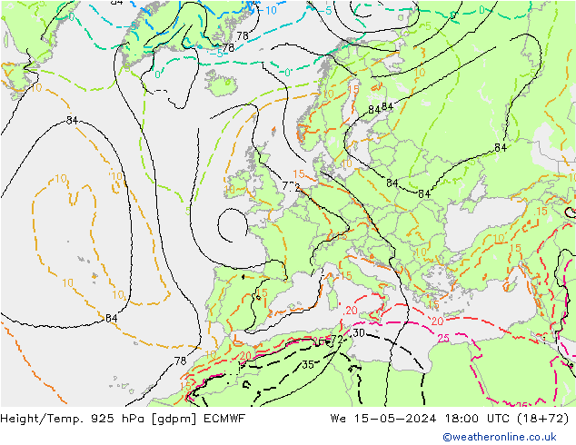 Geop./Temp. 925 hPa ECMWF mié 15.05.2024 18 UTC