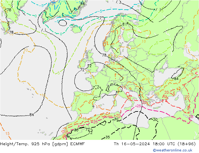 Height/Temp. 925 гПа ECMWF чт 16.05.2024 18 UTC