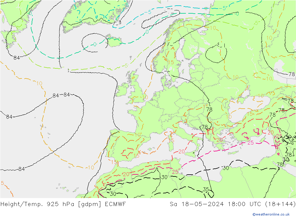 Height/Temp. 925 hPa ECMWF Sa 18.05.2024 18 UTC