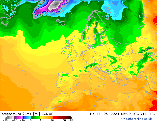 Temperatura (2m) ECMWF Seg 13.05.2024 06 UTC